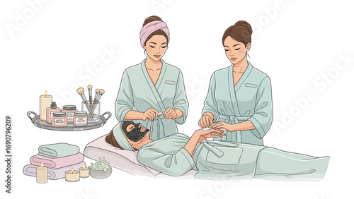 Two women in spa robes and headbands receiving facial treatments and makeup application with beauty products and tools arranged nearby