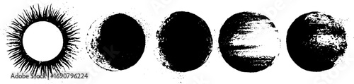 Grunge black and white ink set with sunburst and textured circles for creative design