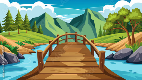 Vector art of a picturesque cartoon landscape featuring a wooden bridge over a flowing river, with mountains and lush greenery in the background, creating a serene scene