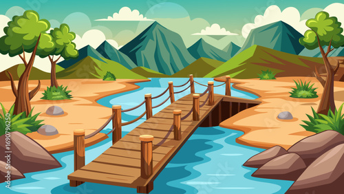 Vector art of a serene cartoon landscape featuring a wooden bridge over a river, with mountains, trees, and rocks in a peaceful outdoor setting
