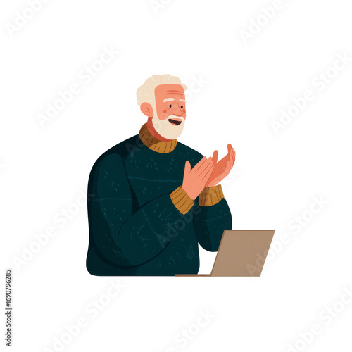 Happy Senior Man Clapping Hands While Using Laptop