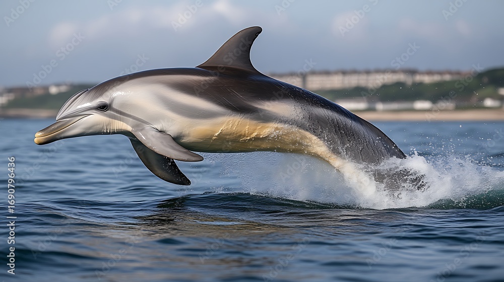 Fototapeta premium A leaping dolphin, grey and white, in ocean spray. Coastal town in background