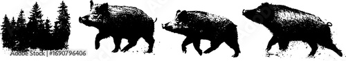 Grunge black and white boar and forest silhouette set for creative design projects