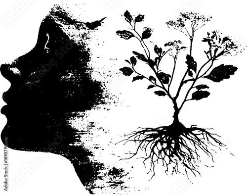 Grunge black and white set: human profile with plant illustration for urban design