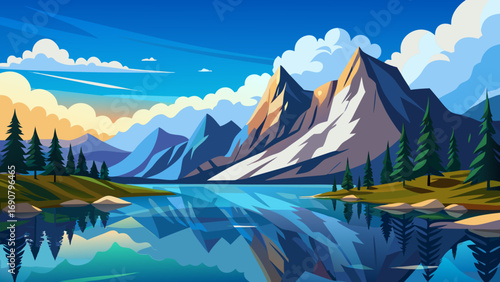 Vector art of breathtaking mountain landscape reflecting in a tranquil lake under a vibrant blue sky with soft clouds, framed by lush green forests and meadows
