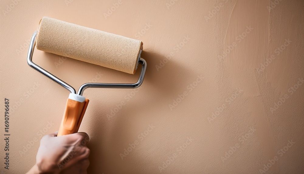 Obraz premium paint roller applying beige paint on wall suitable for home renovation blogs diy websites construction business marketing interior design presentations and how to guides repair service