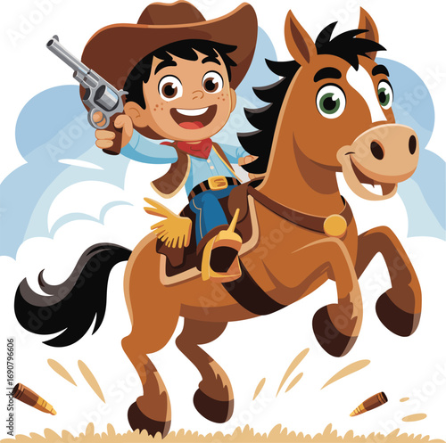 Cartoon child cowboy riding galloping horse with revolver, western adventure vector for kids, action, fun, and playful character design