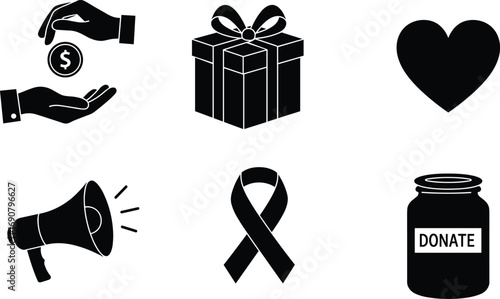 Donation icons, charity symbols, money giving, gift box, heart shape, megaphone announcement, awareness ribbon, donation jar, fundraising, generosity