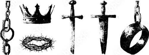 Grunge black and white set featuring crown, swords, and chain elements for design