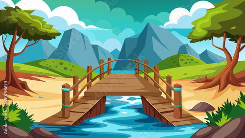 Vector art of a serene cartoon landscape showcasing a wooden bridge over a tranquil river, framed by majestic mountains and vibrant trees, evoking a sense of adventure