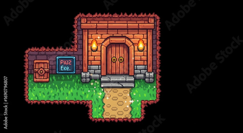 Pixel art dungeon entrance with stone walls and wooden door, surrounded by grass and a mysterious exit sign, inviting adventure and exploration