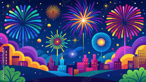 Vector art of a vibrant fireworks display illuminates the night sky above a colorful cityscape, creating a festive and celebratory atmosphere with buildings