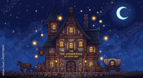 Pixel art illustration of the wandering wyvern inn at night with a horse and carriage, under a crescent moon and starry sky, glowing lights