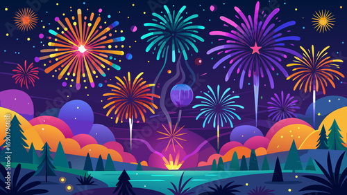 Vector art of a vibrant display of fireworks illuminates the night sky over a serene landscape with trees and water, creating a festive and magical atmosphere