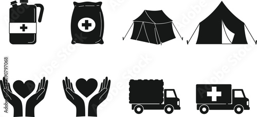 Emergency humanitarian aid icons including tents, medical supplies, donation trucks, and care symbols, perfect for charity, rescue, and disaster support.