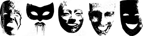 Grunge black and white mask collection: distressed faces for creative design projects