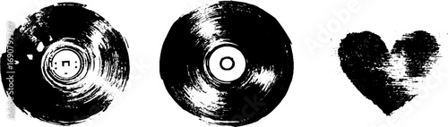 Grunge black and white set of broken vinyl records and heart - design for posters and prints