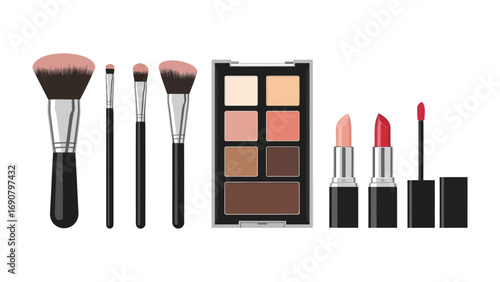 A collection of essential makeup products including brushes eyeshadow palette and lipsticks displayed against a clean white background for beauty and cosmetic advertising