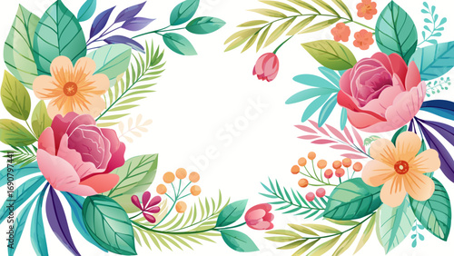 Vector art of watercolor floral frame with a variety of flowers and leaves, , perfect for adding a touch of nature to any design