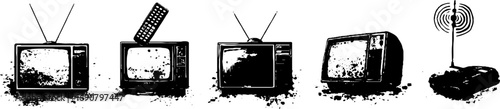 Vintage television set with remote and antenna in grunge black and white design