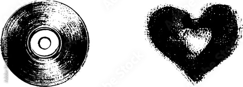 Grunge black and white set with broken heart and circular elements for creative design