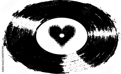 Grunge black and white vinyl record with heart design for music posters