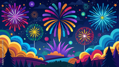 Vector art of a vibrant fireworks display lights up the night sky, casting a colorful glow over a whimsical landscape of stylized trees and rolling hills