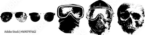 Grunge black and white set featuring broken eyewear, gas masks, and skull silhouettes for urban design