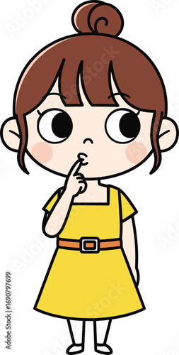 Cartoon girl with bun hairstyle in yellow dress thinking pose, cute character illustration for children, storytelling, vector design content