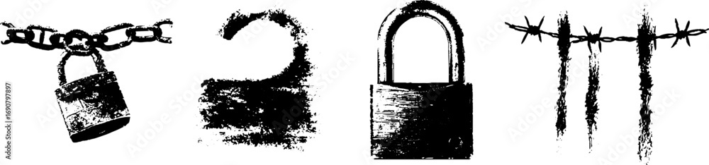 Fototapeta premium Grunge black and white lock and chain illustrations set for urban design and prints