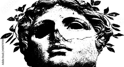 Grunge black and white illustration of broken classical sculpture with leaf accents for artistic design