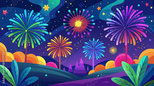 Vector art of a vibrant fireworks display lights up the night sky, creating a festive and magical atmosphere, with colorful bursts illuminating the landscape below