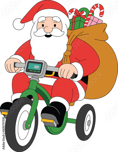 Cartoon Santa Claus riding green tricycle with gift sack, festive Christmas character for holiday design, children’s artwork, and seasonal illustration