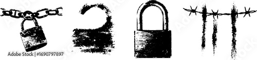 Grunge black and white lock and chain illustrations set for urban design and prints