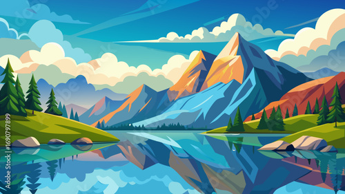 Vector art of breathtaking mountain scenery reflected in the calm lake, with vibrant sky and lush greenery creating a peaceful and inviting natural environment
