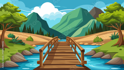 Vector art of a vibrant cartoon landscape showcasing a wooden bridge over a clear river, surrounded by trees, hills, and a bright sky with fluffy clouds in the distance