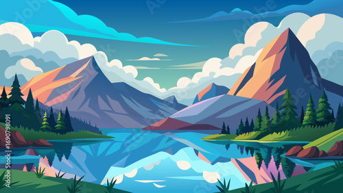 Vector art of majestic mountain range reflected in the tranquil lake, surrounded by lush forests and vibrant sky, creating a serene and picturesque landscape