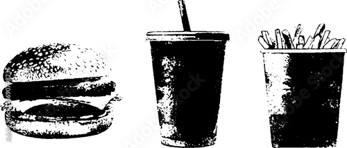Grunge black and white fast food set - burger, fries, and drink for urban design projects