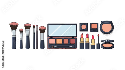 A vibrant collection of professional makeup brushes eyeshadow palette lipsticks and blush displayed on a clean white background for beauty and cosmetic advertising