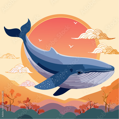 A vector illustration of a whale swimming with artistic clouds and a sunset background. Perfect for use in posters, prints, wallpapers, and creative projects with a Japanese-inspired style.