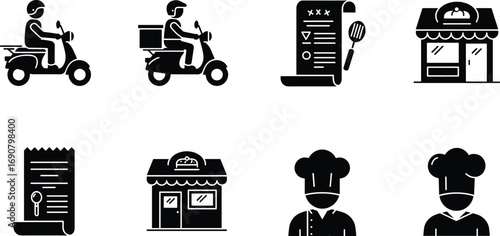 Food delivery and restaurant icons set, scooter delivery, order receipt, restaurant building, chef avatar, cooking utensils, food service vector