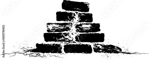 Grunge black and white stencil of stacked burned bricks with cracked texture for urban design
