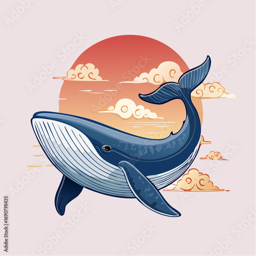 A vector illustration of a whale swimming with artistic clouds and a sunset background. Perfect for use in posters, prints, wallpapers, and creative projects with a Japanese-inspired style.