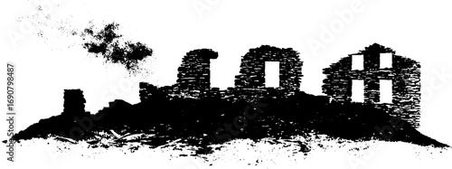 Grunge black and white illustration of burned ruins for urban design projects