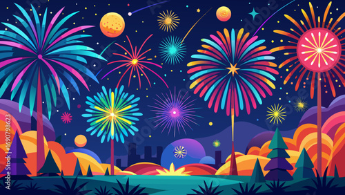 Vector art of vibrant fireworks illuminate the night sky, painting a colorful spectacle over the landscape with trees and buildings, creating a festive atmosphere