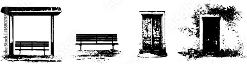 Grunge black and white urban elements: bus stop, bench, and door illustrations