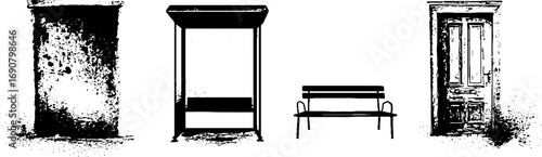 Grunge black and white urban elements for design: bus stop, bench, wall, door