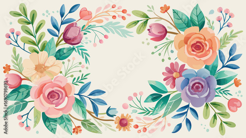 Vector art of elegant floral frame with pastelcolored roses, daisies, and foliage, perfect for adding a touch of romance and charm to any project
