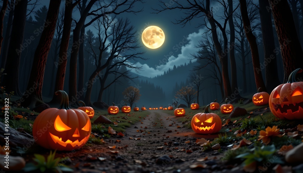 Fototapeta premium A Halloween scene set at night. A cobblestone road lined with jack o' lanterns leads through a forested area with twisted trees and bare branches