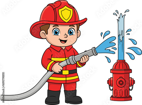 Cartoon vector illustration of smiling young firefighter spraying water from hose with hydrant, colorful children’s emergency rescue character design